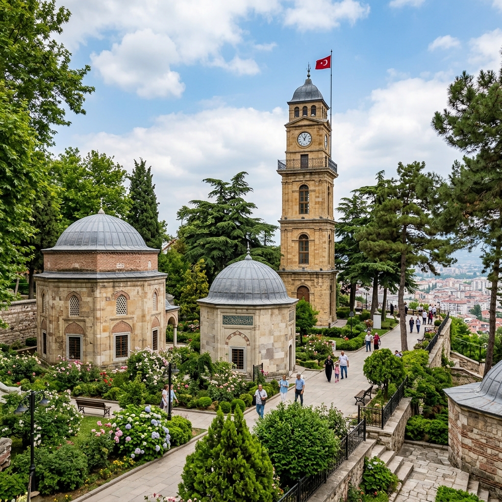 Tophane meydanındaki tarihi Saat Kulesi, yanındaki Türk bayrağının dalgalanışı ve kentin üzerine çöken puslu akşam vakti manzarası