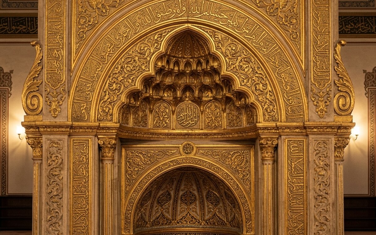 Aziziye Camii'nin iç mekanındaki altın varaklı mihrabın yakın plan detayı, üzerindeki karmaşık taş oymalar ve yukarıdaki avizenin yansıması