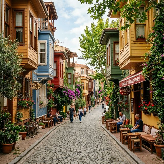 Kuzguncuk Sokaklarından otantik kafeler ve renkli evlerin ortamı