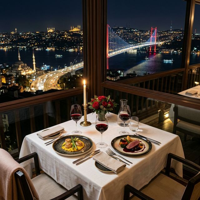 Mükemmel bir manzaraya sahip romantik bir akşam yemeği menüsü